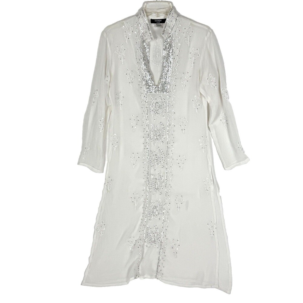 Tokyo Denim Beaded Embroidered Sheer Off White Floral Silver Sequin Dress M Size